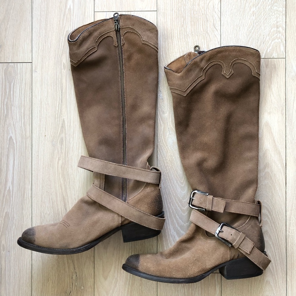 Vintage Matisse Nubuck Suede Zip Up Tall Belted Western Fashion Boots Sz 8.5B - Picture 1 of 12